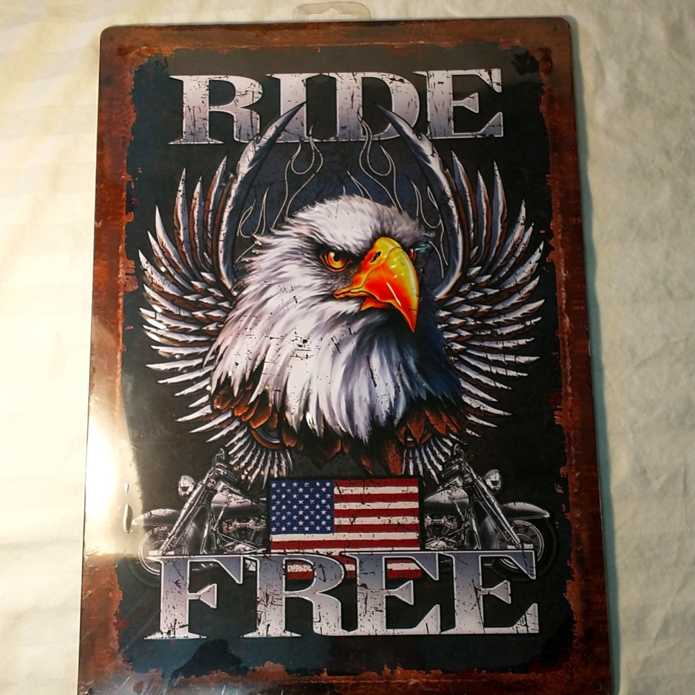 Metal Ride Free Bald Eagle American Flag Sign Never opened